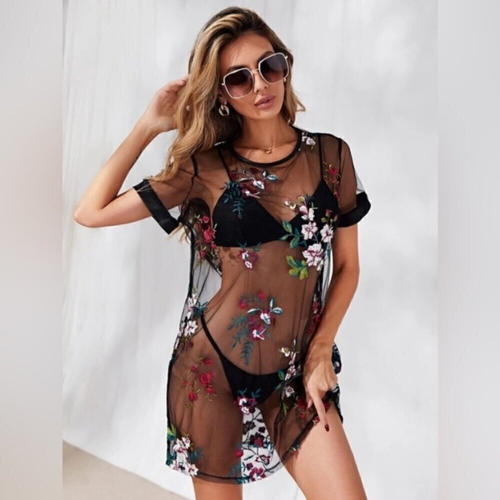 SHEIN Black Sheer Floral Embroidered Swim Coverup